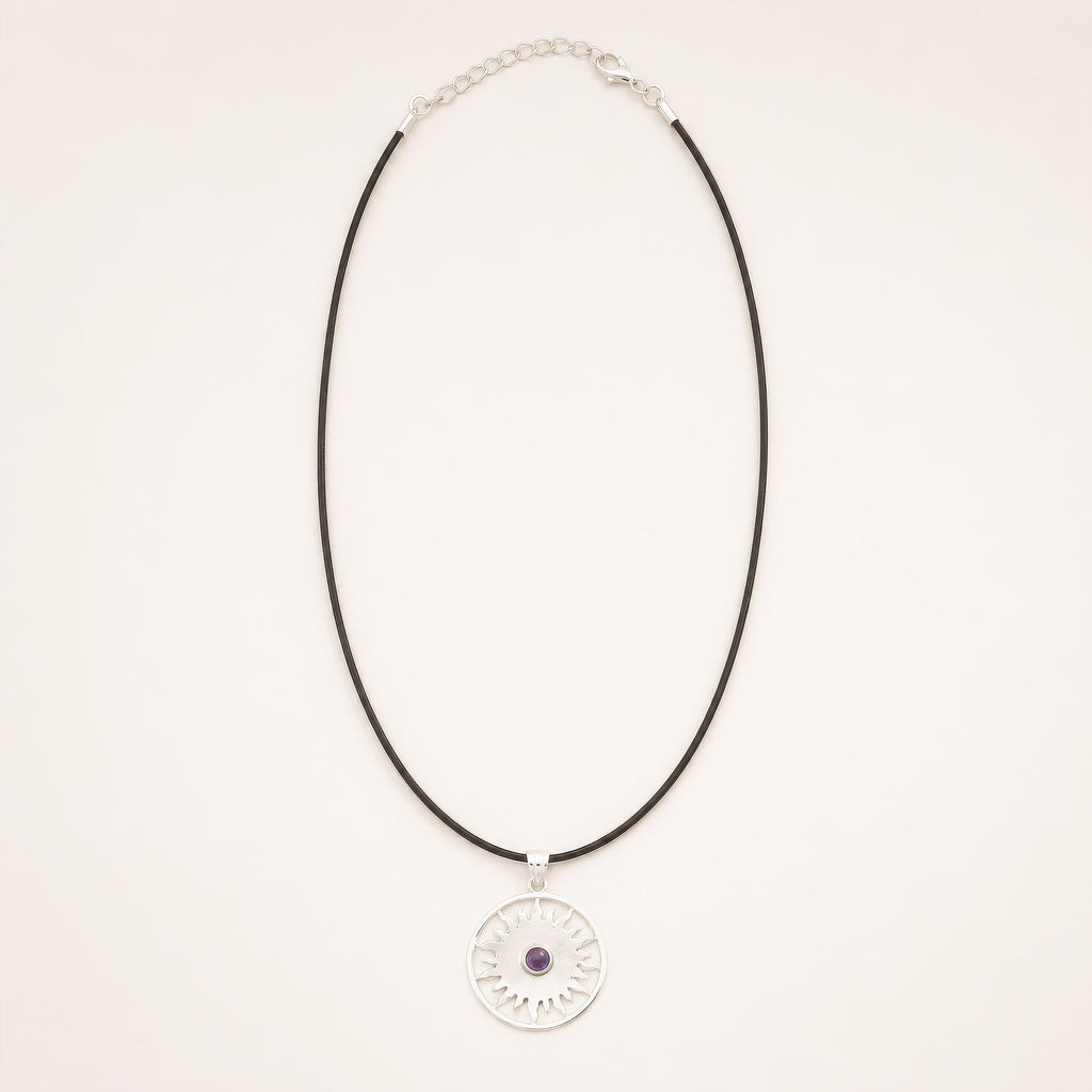 Indian Devotional Pendant - Silver Plated (45cm Cord)- Sun Worship Amethyst