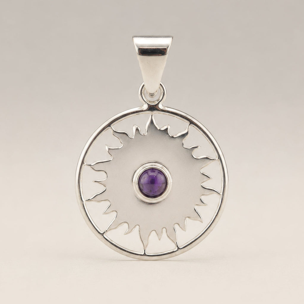 Indian Devotional Pendant - Silver Plated (45cm Cord)- Sun Worship Amethyst