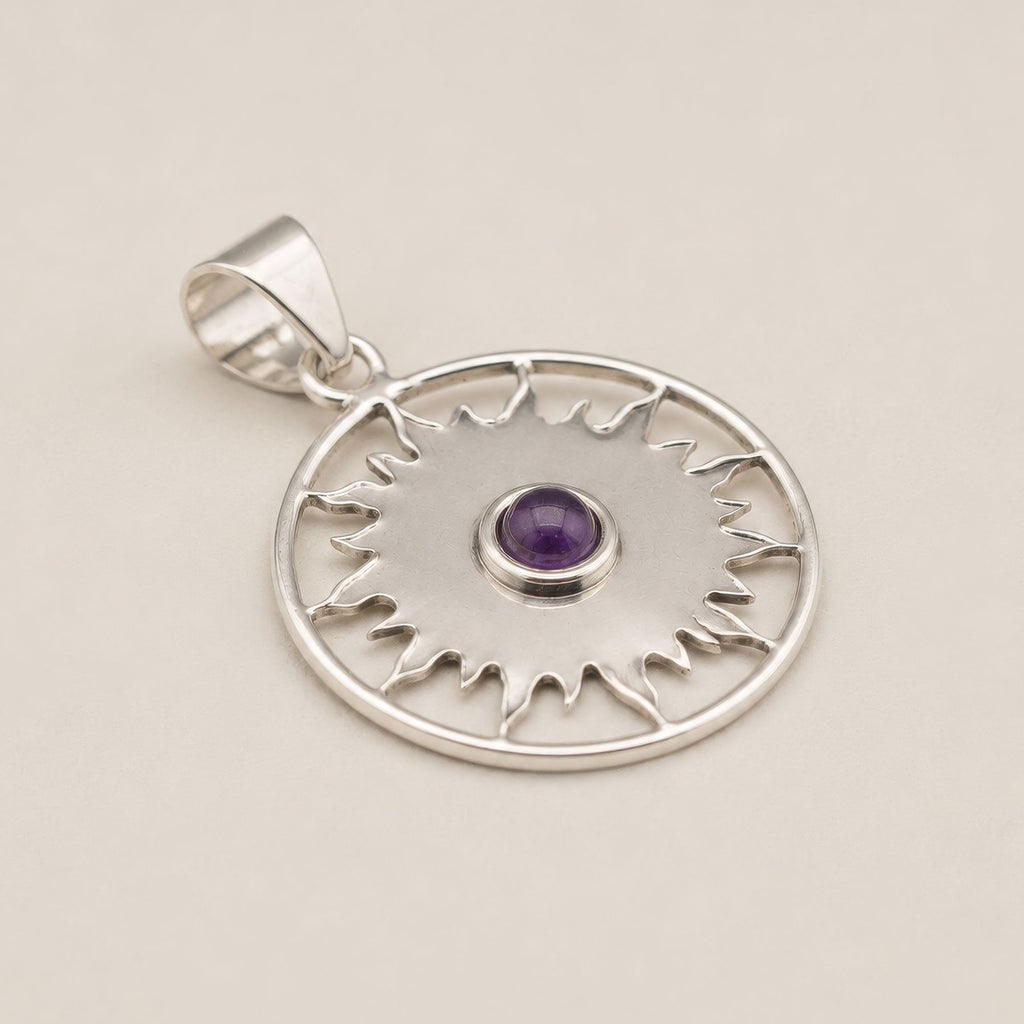 Indian Devotional Pendant - Silver Plated (45cm Cord)- Sun Worship Amethyst