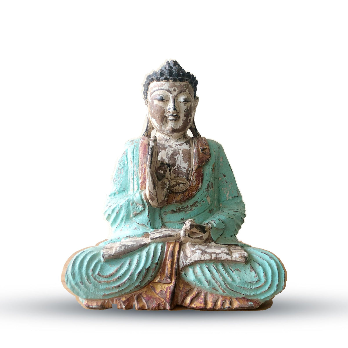 Vintage mentazöld, kézzel faragott Buddha szobor - 30 cm - Tanítás átadása