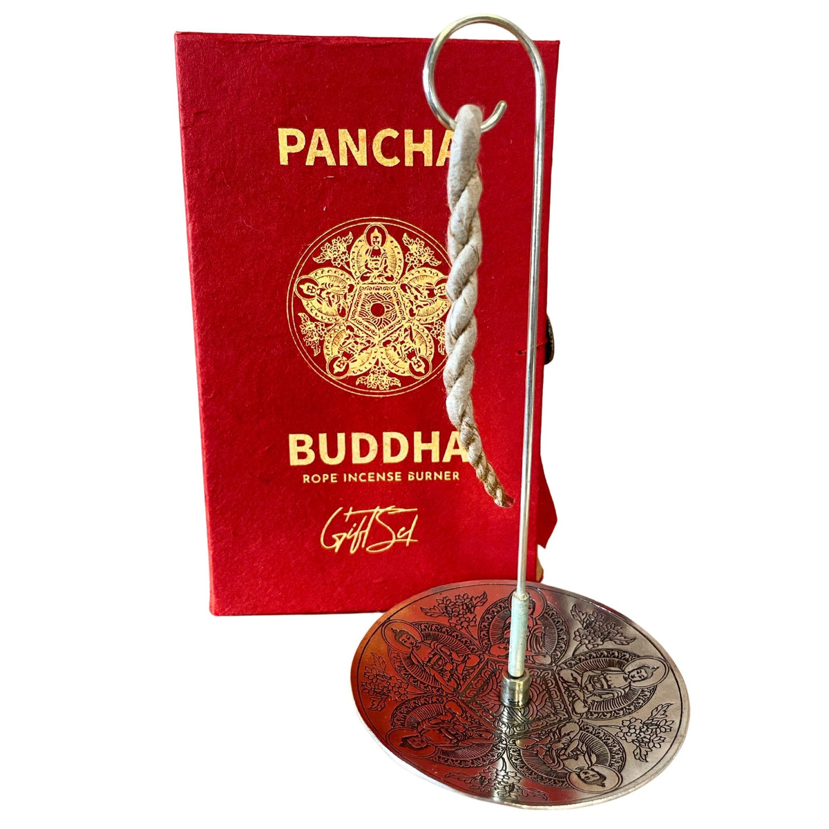 Kötélfüstölő és ezüstözött tartó szett - Pancha Buddha
