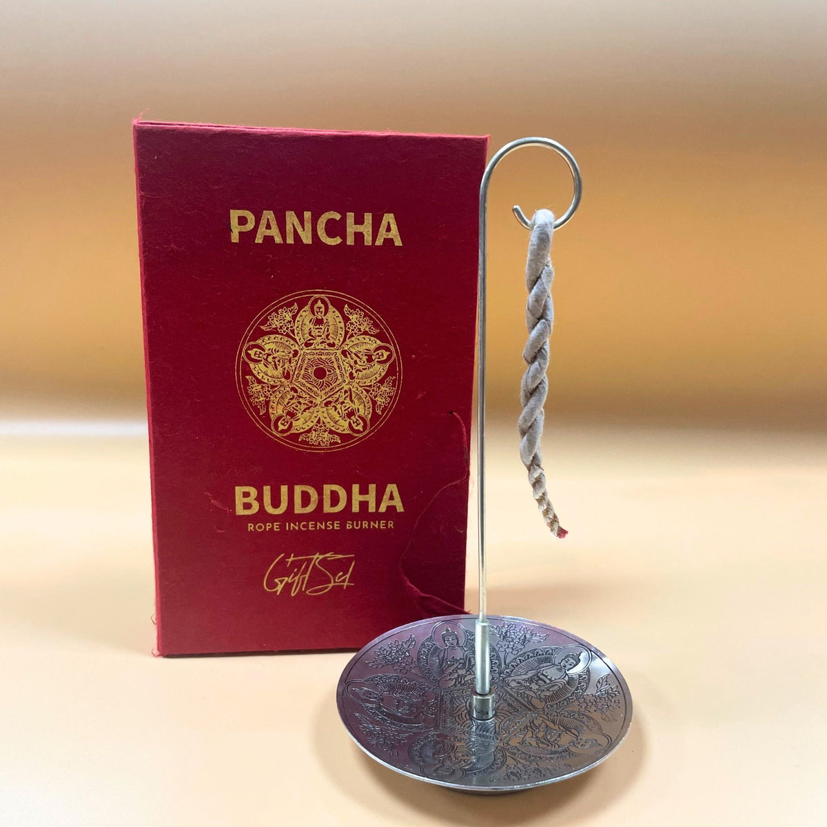 Kötélfüstölő és ezüstözött tartó szett - Pancha Buddha