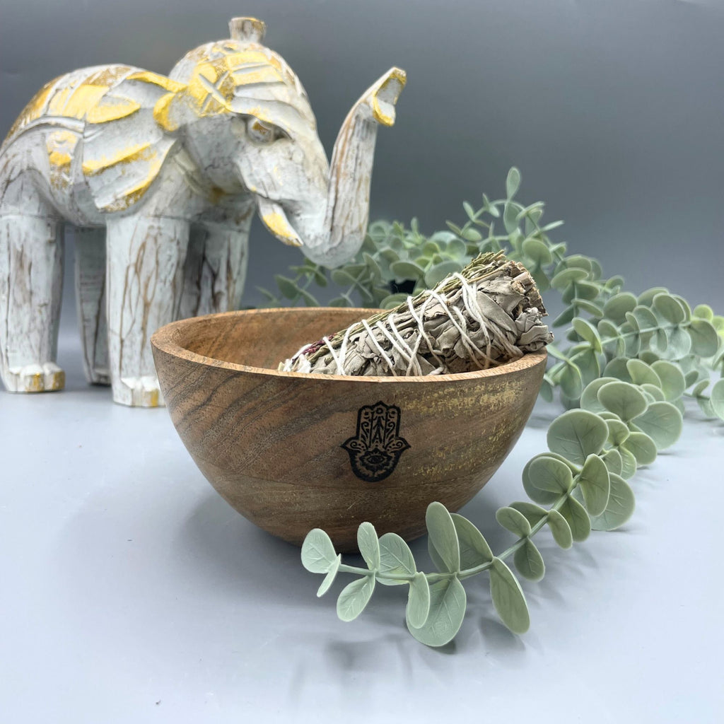 Holzschale für Räucherbündel und Ritualopfergaben - Hamsa - 14x7cm