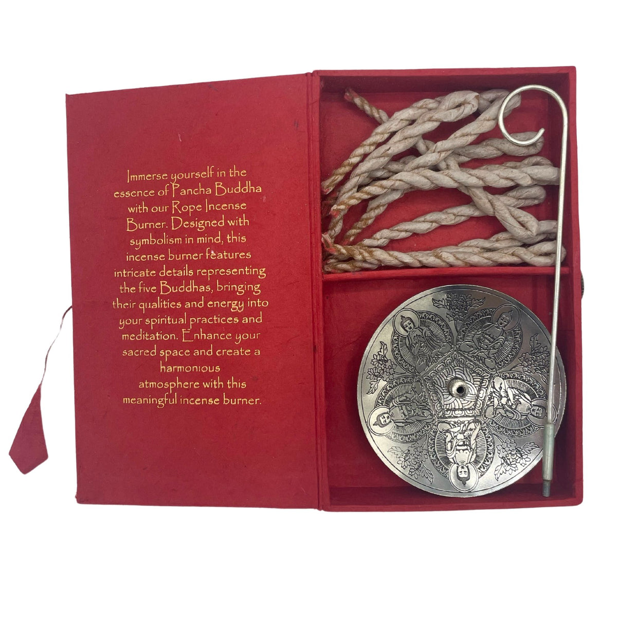 Kötélfüstölő és ezüstözött tartó szett - Pancha Buddha