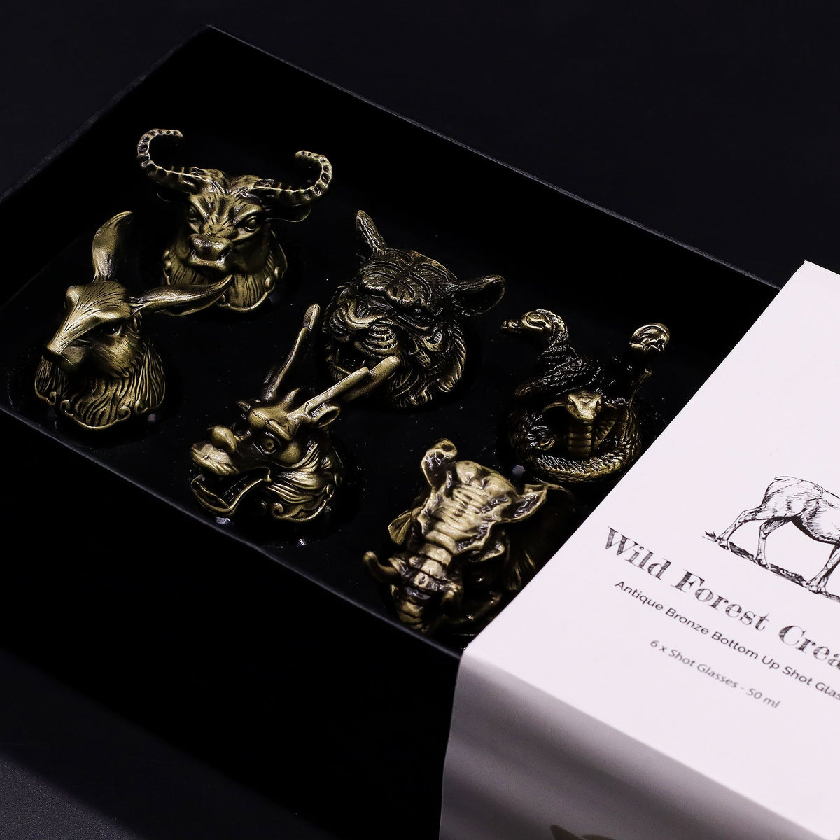 Geschenkset mit 6 Schnapsgläsern (50ml) - Wilde Waldtiere - Antikbronze