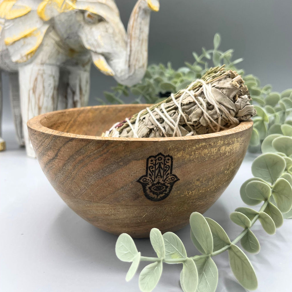 Holzschale für Räucherbündel und Ritualopfergaben - Hamsa - 14x7cm
