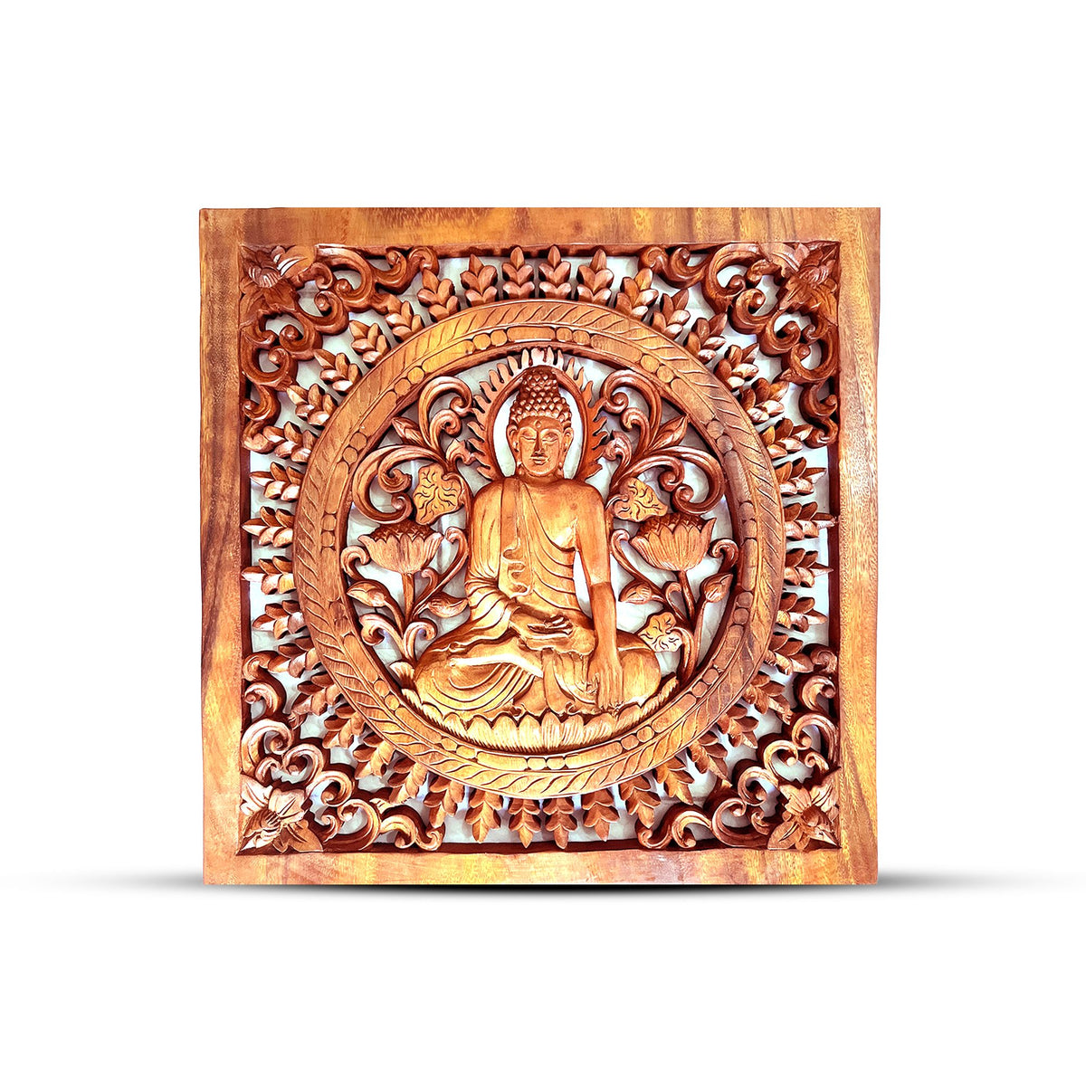 Négyzet alakú dekoratív fa Buddha falikép 40x40 cm