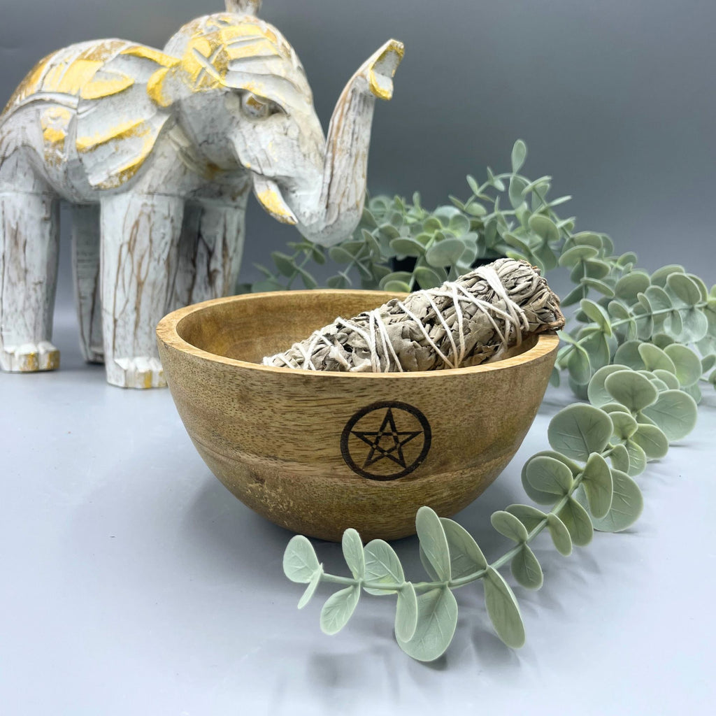 Drevená miska na vykurovacie zväzky a rituálne obetiny – pentagram – 14x7cm