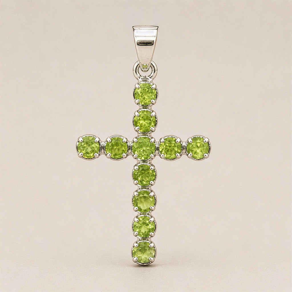 Indian Devotional Pendant - Silver Plated (45cm Chain)- Peridot Crucifix