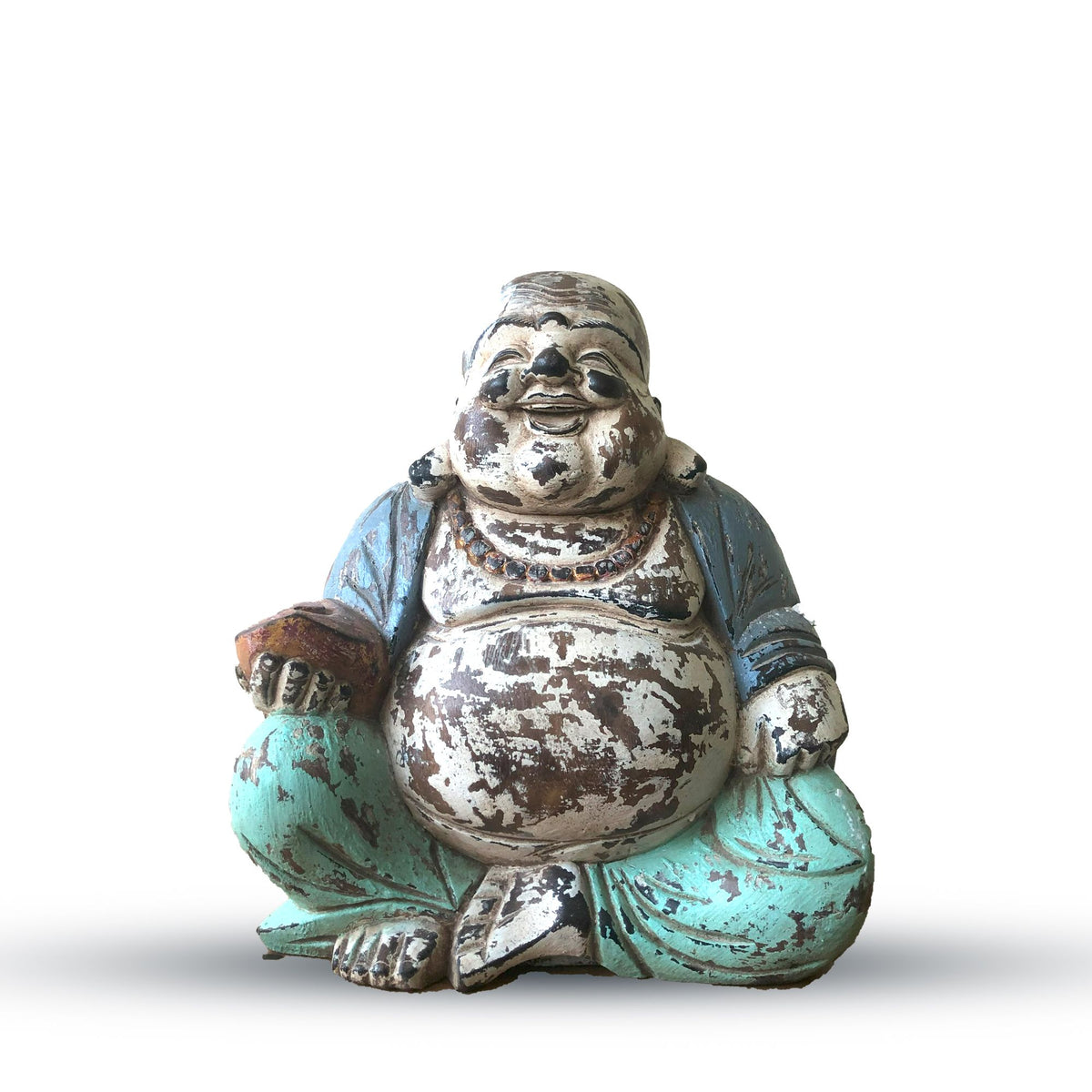 Vintage kékes mentazöld, kézzel faragott Buddha szobor - 30 cm - Boldog Buddha