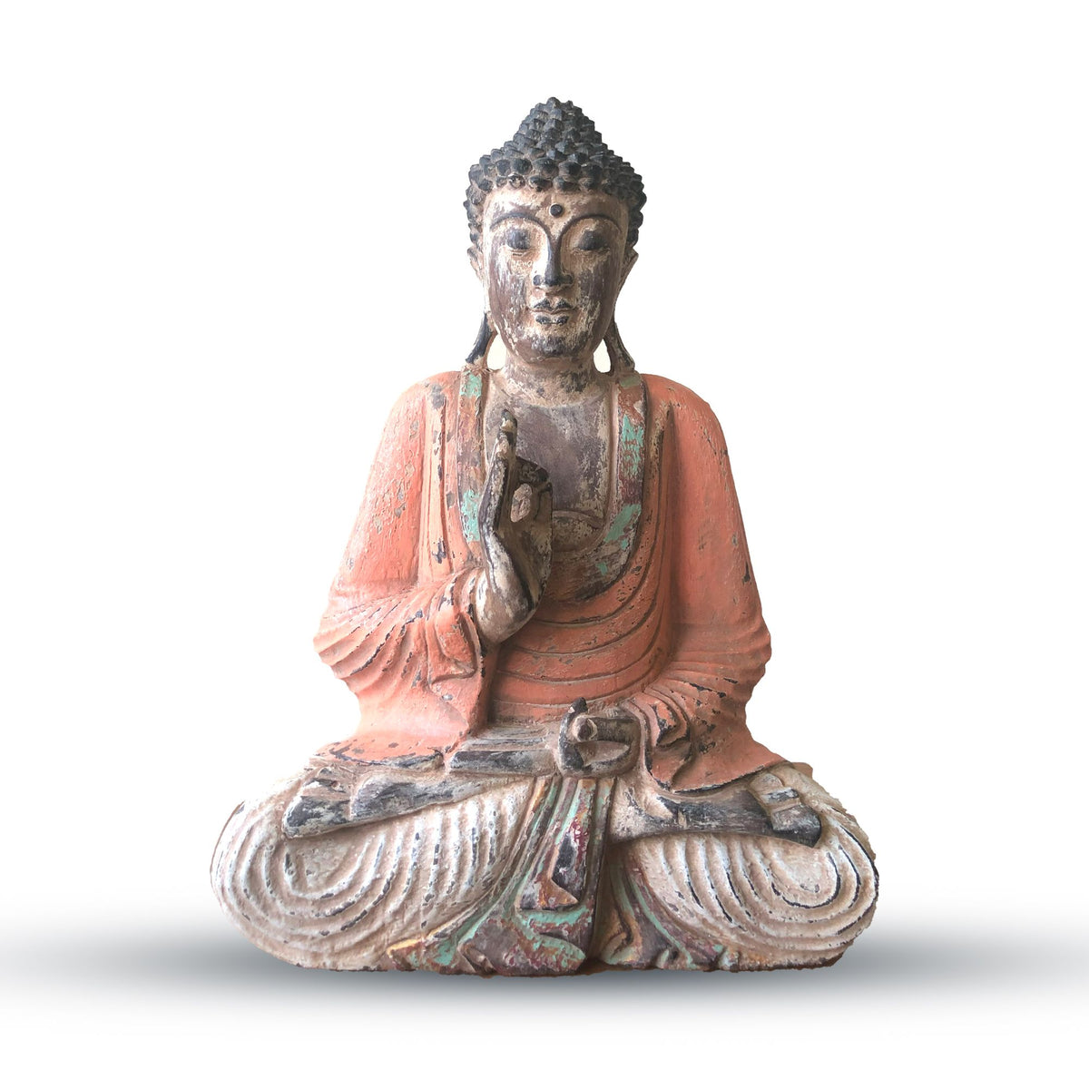 Vintage narancssárga, kézzel faragott Buddha szobor - 40 cm - Tanítás átadása