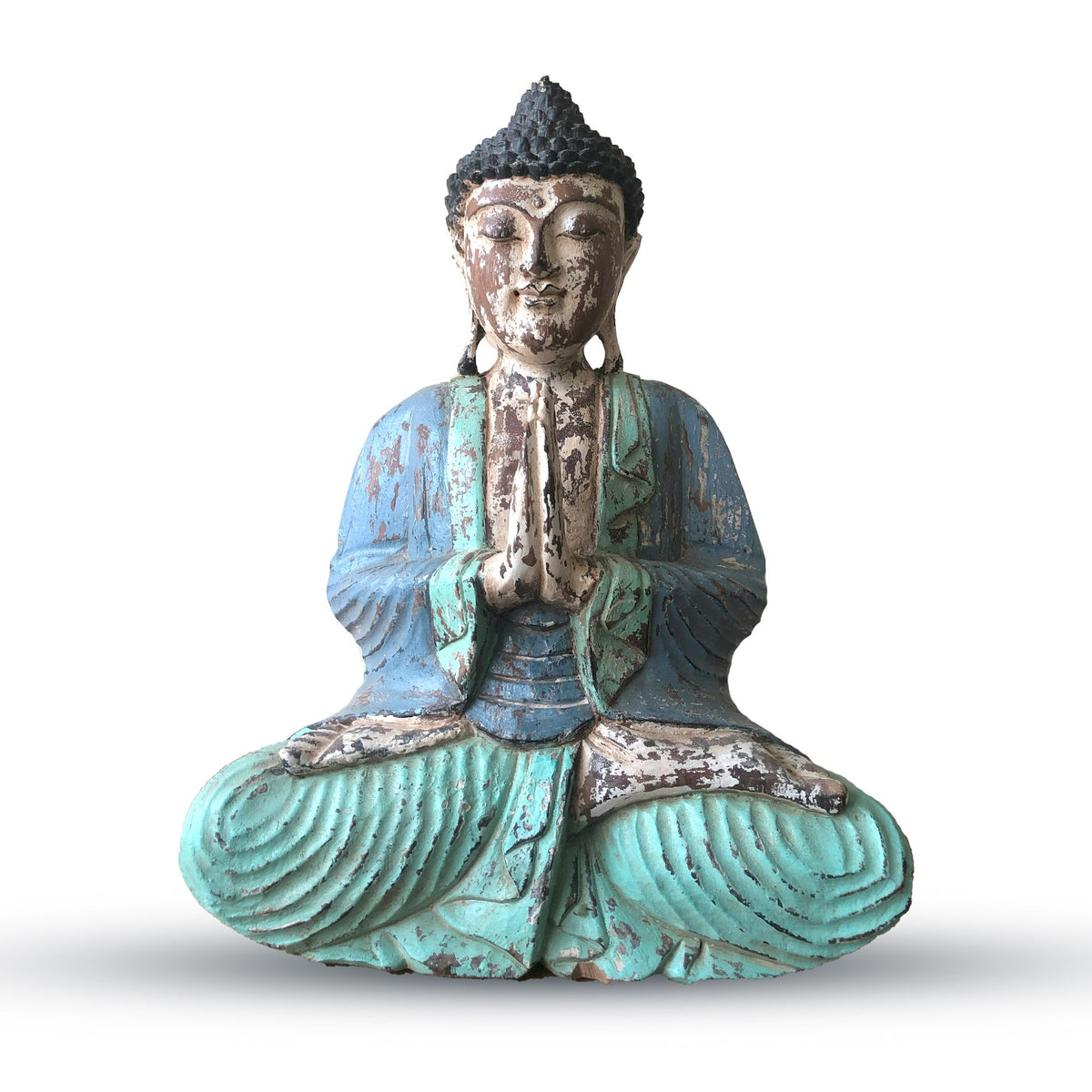 Vintage kékes mentazöld, kézzel faragott Buddha szobor - 40 cm - Üdvözlés
