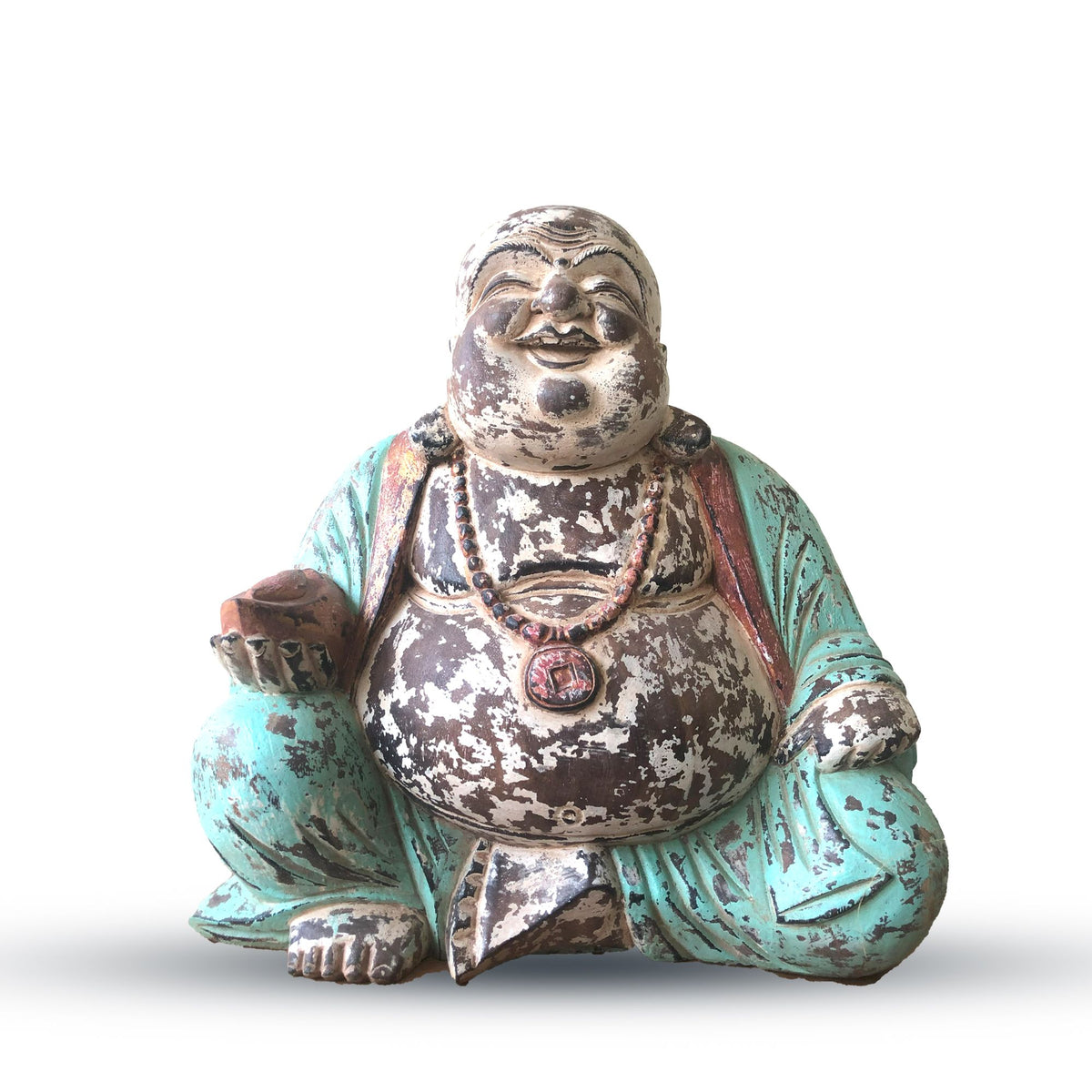 Vintage mentazöld, kézzel faragott Buddha szobor - 40 cm - Boldog Buddha