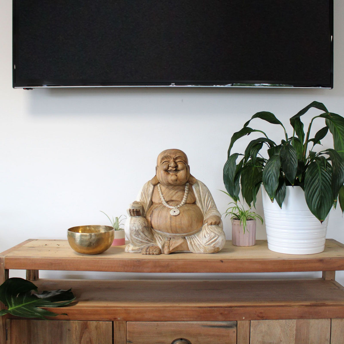 Kézzel faragott Buddha szobor - 40 cm, boldog - Fehérített