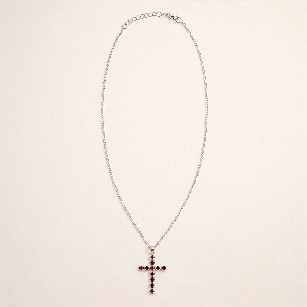 Indischer Devotionalien-Anhänger - versilbert (45cm Kette) - Granat Kruzifix