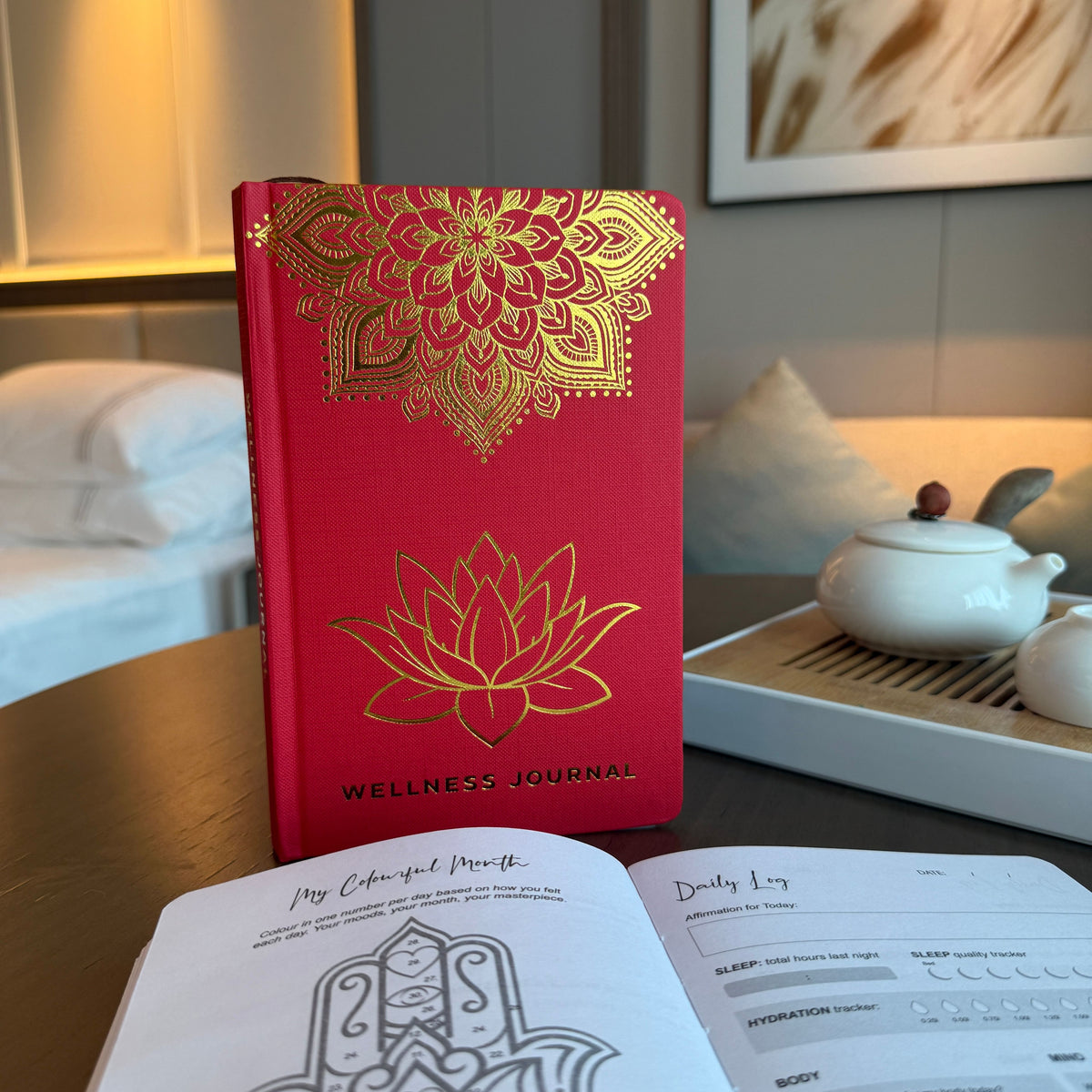 Piros wellness napló - 120 oldal - arany mandala és lótusz
