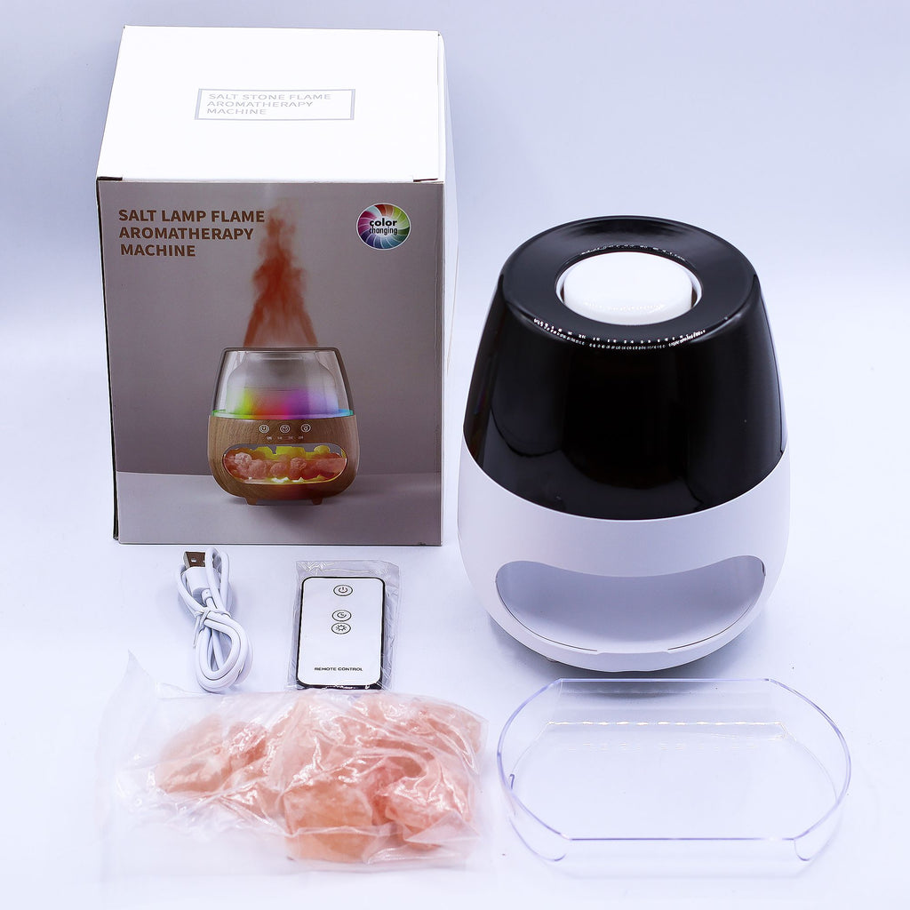 Aroma difuzér s efektem plamene a solným kamenem – bílý, USB – měnící barvy a časovač