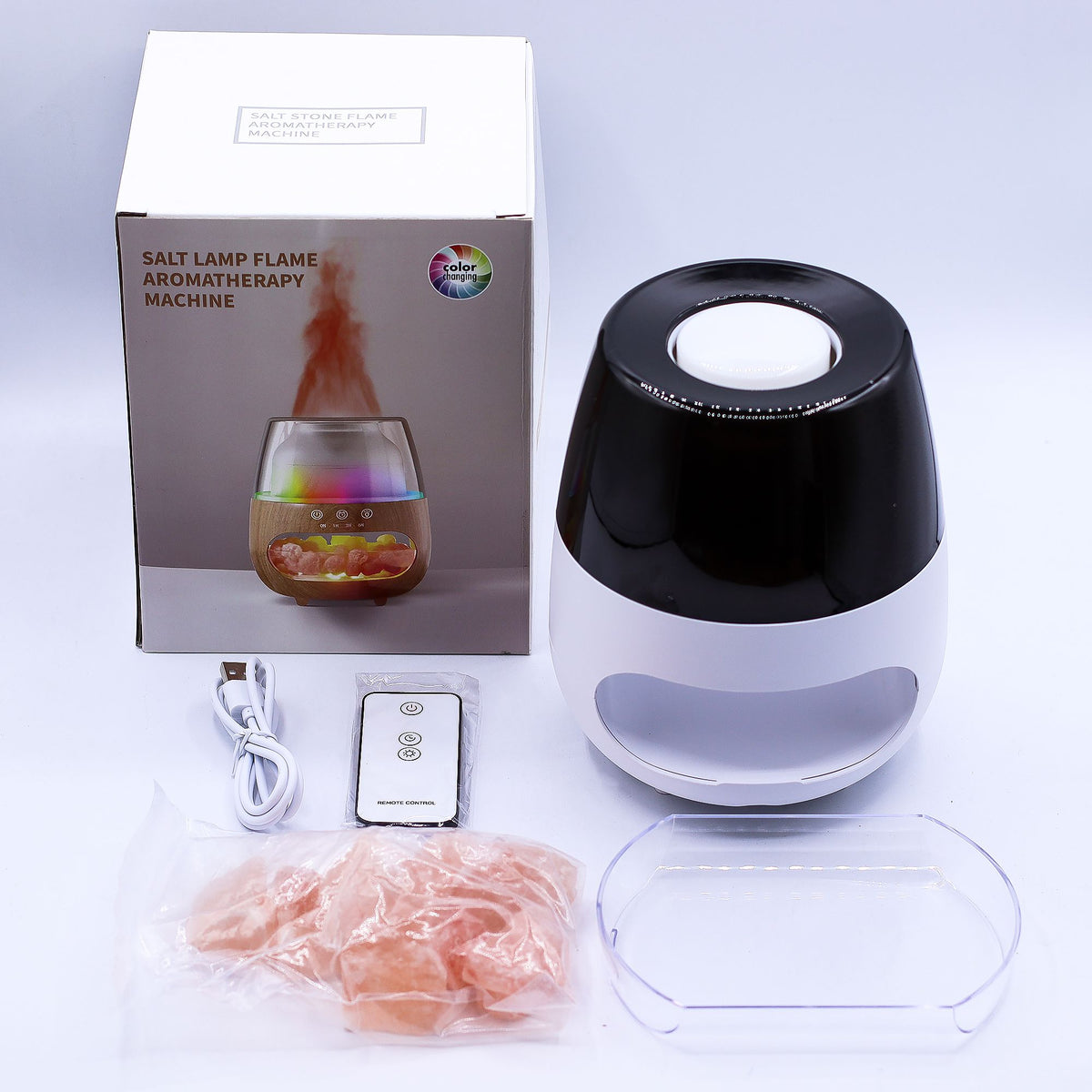 Aroma difuzér s efektem plamene a solným kamenem – bílý, USB – měnící barvy a časovač