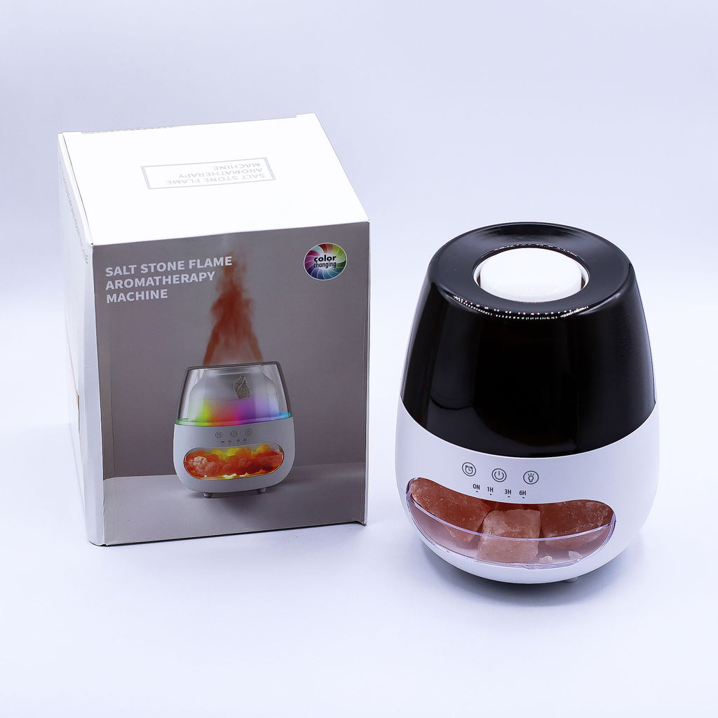 Aroma difuzér s efektem plamene a solným kamenem – bílý, USB – měnící barvy a časovač