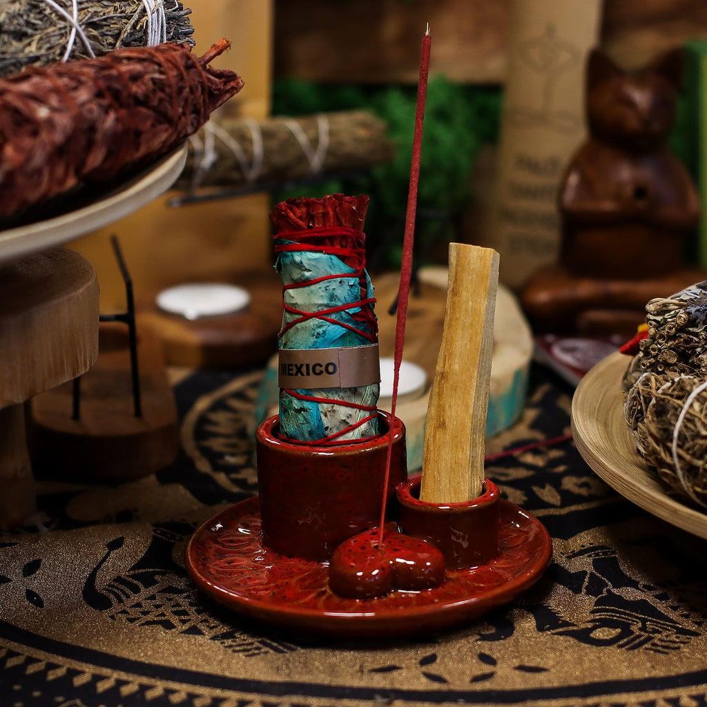 Palo Santo pálca- és füstölőkötegtartó - Mandala - piros, fényes szívvel