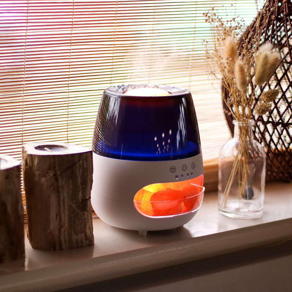 Aroma difuzér s efektem plamene a solným kamenem – bílý, USB – měnící barvy a časovač